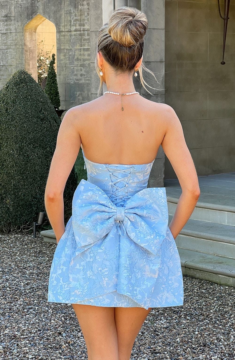 Jacquard Strapless Bow Back Bubble Hem Mini Dress 2