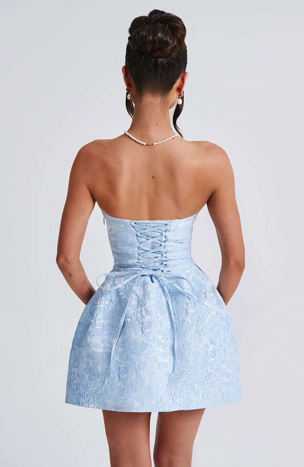 Jacquard Strapless Bow Back Bubble Hem Mini Dress 6