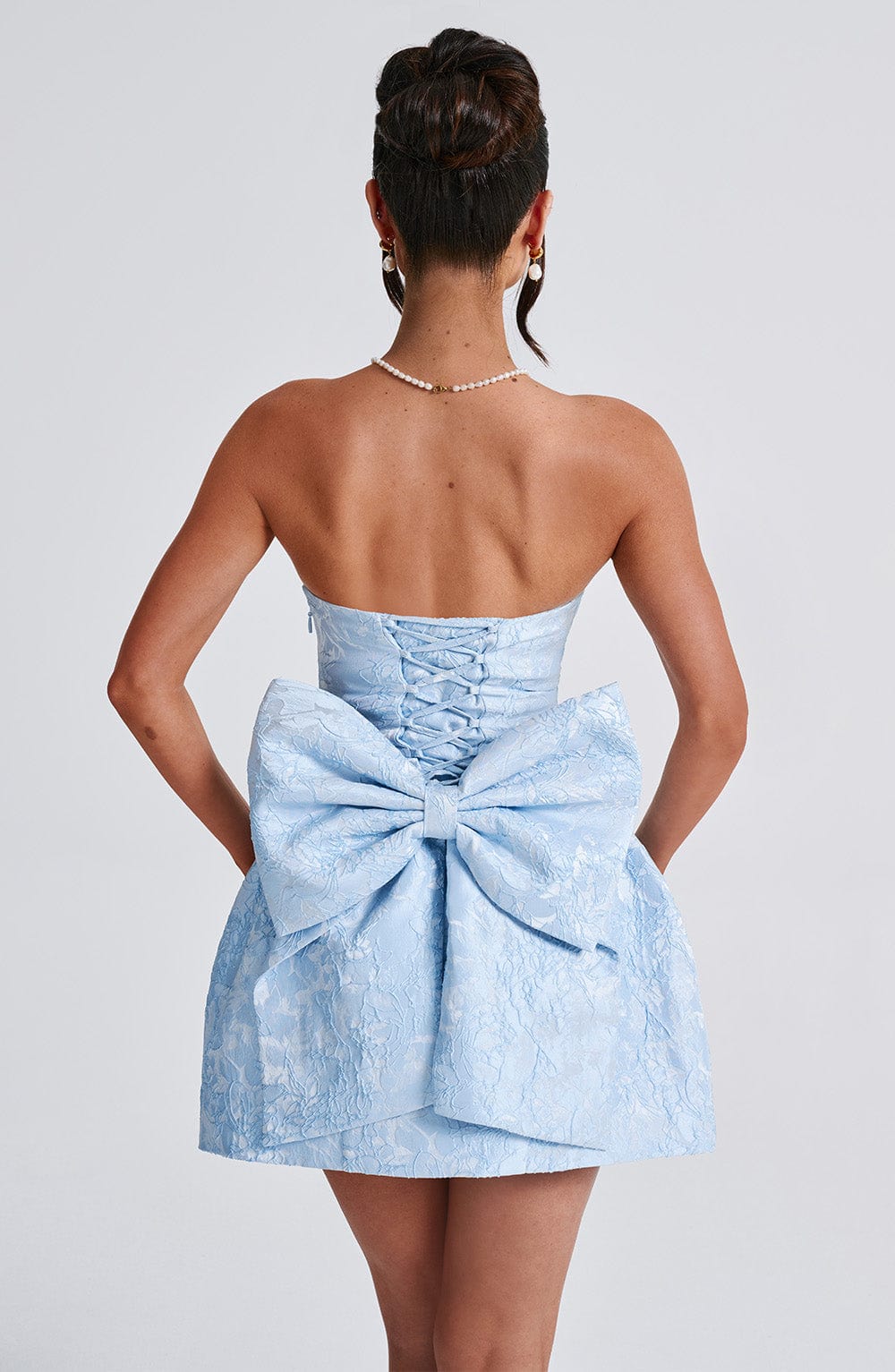 Jacquard Strapless Bow Back Bubble Hem Mini Dress 5