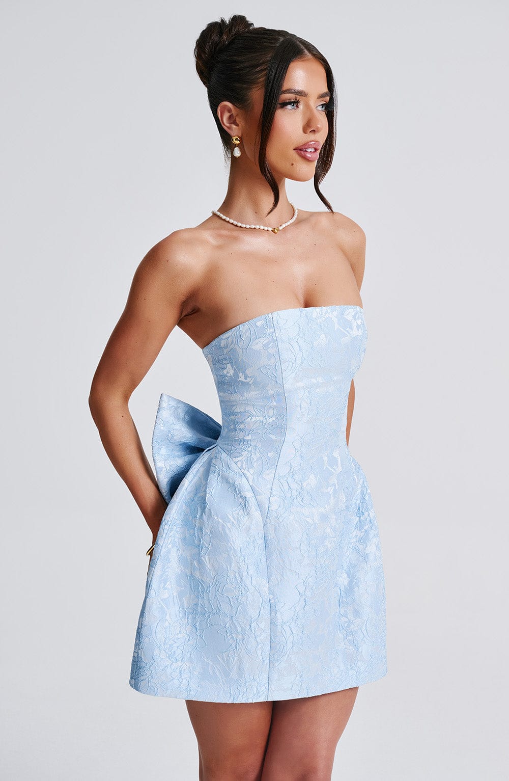 Jacquard Strapless Bow Back Bubble Hem Mini Dress 8