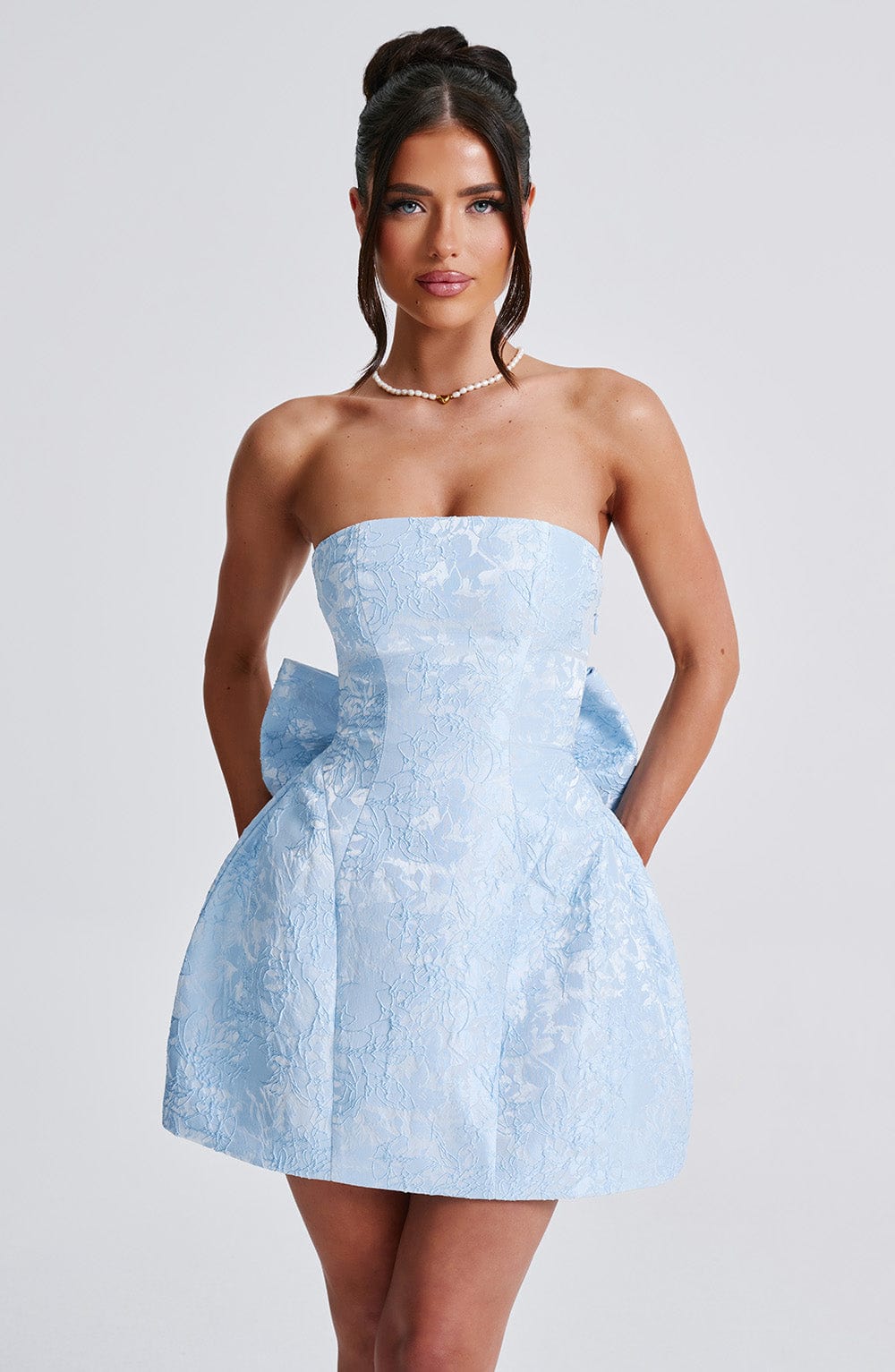 Jacquard Strapless Bow Back Bubble Hem Mini Dress 10