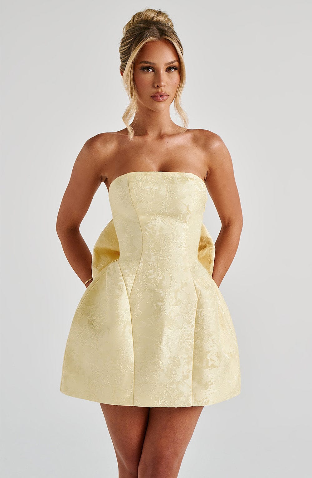 Jacquard Strapless Back Bow Bubble Skirt Mini Dress 10