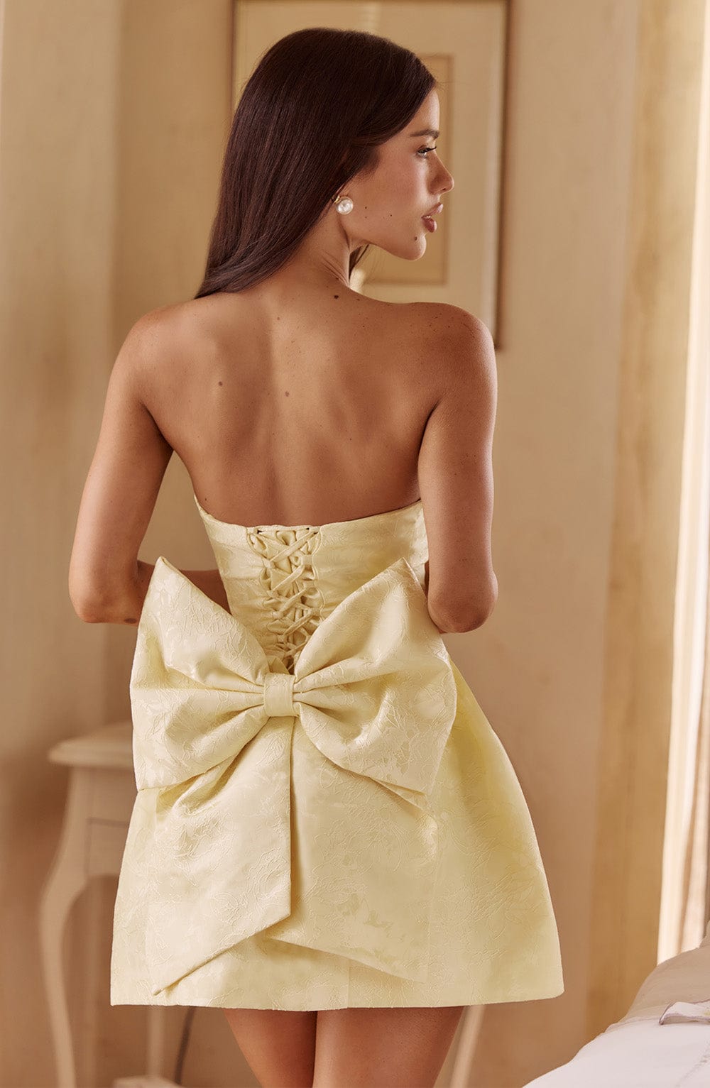 Jacquard Strapless Back Bow Bubble Skirt Mini Dress 4