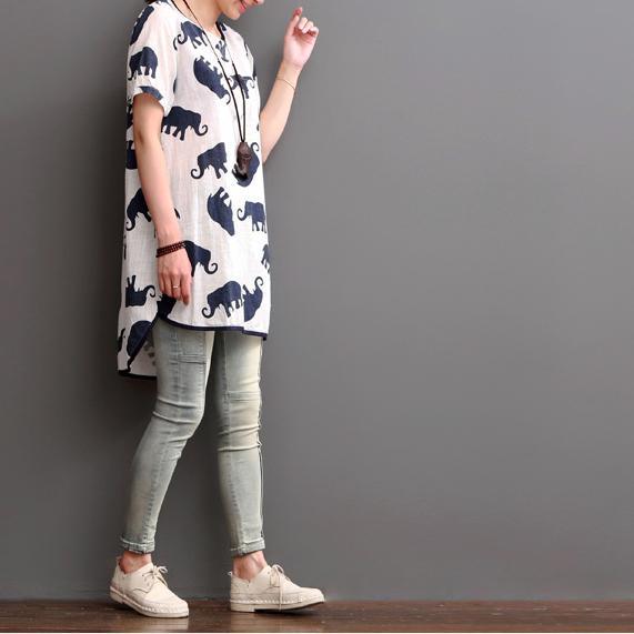 elephant print summer linen dresses loose blouse women shirt