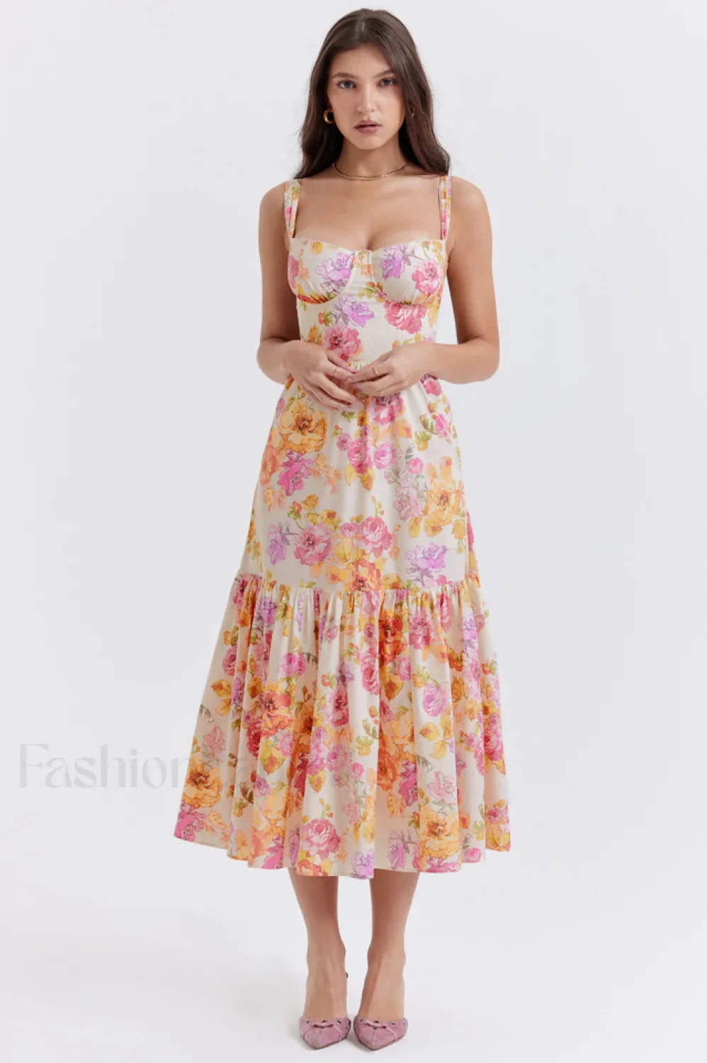 Elia Floral Stylish Midi Sundress S / Ivory