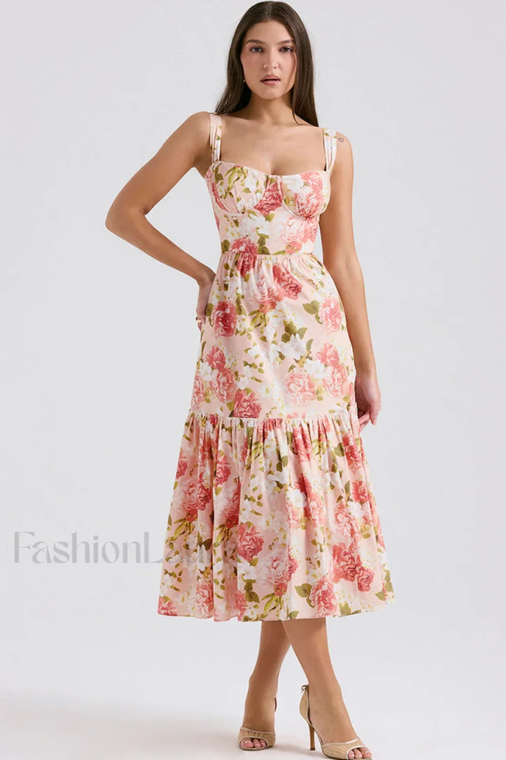 Elia Floral Stylish Midi Sundress S / Pink Peony Print