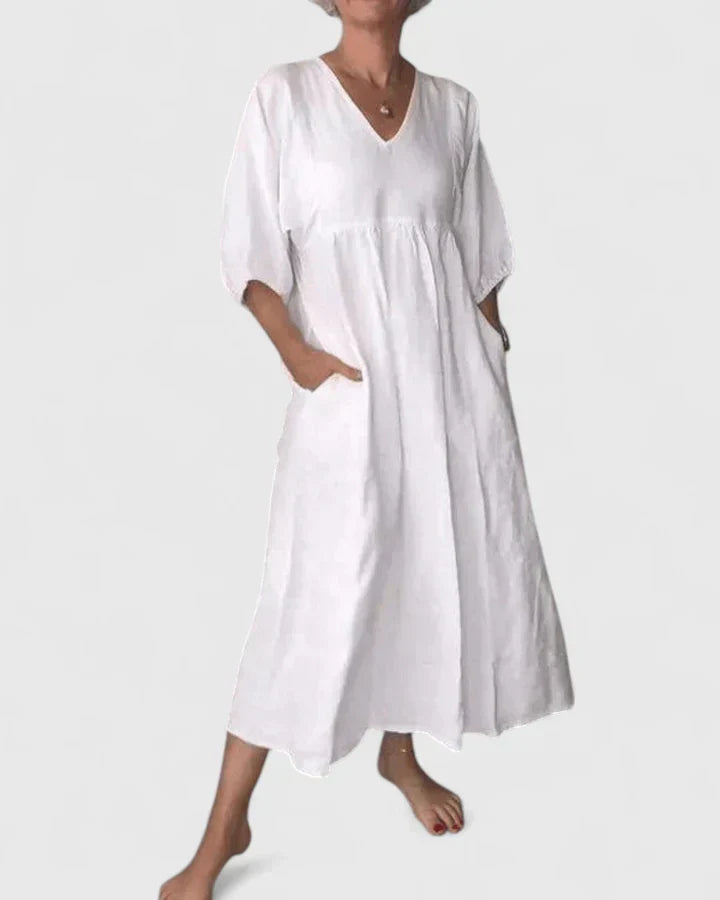 V-Neck Half Sleeve Pocket Pleated Midi Dress