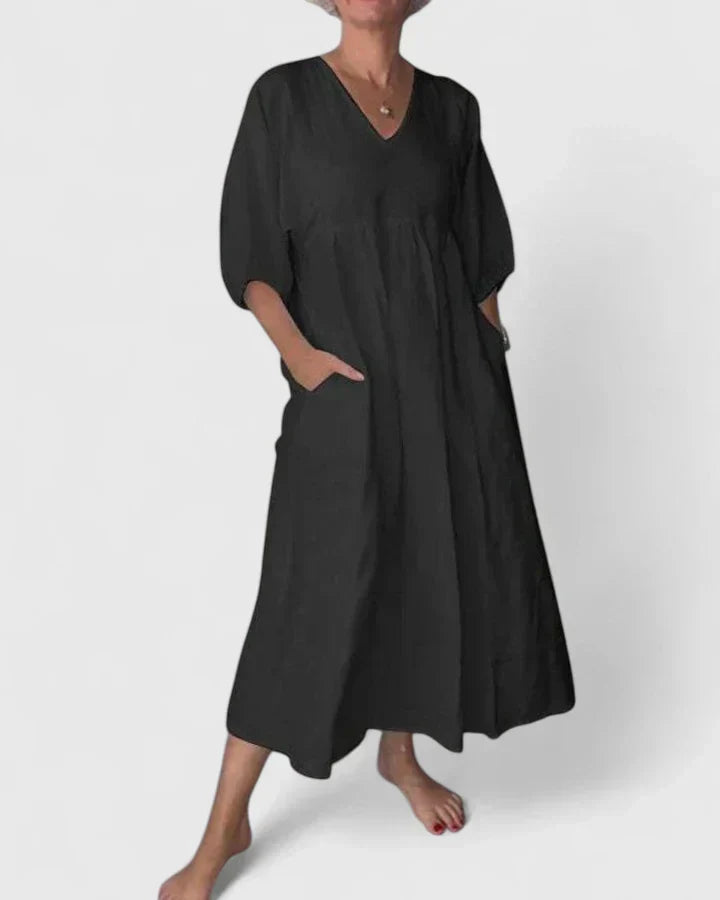 V-Neck Half Sleeve Pocket Pleated Midi Dress
