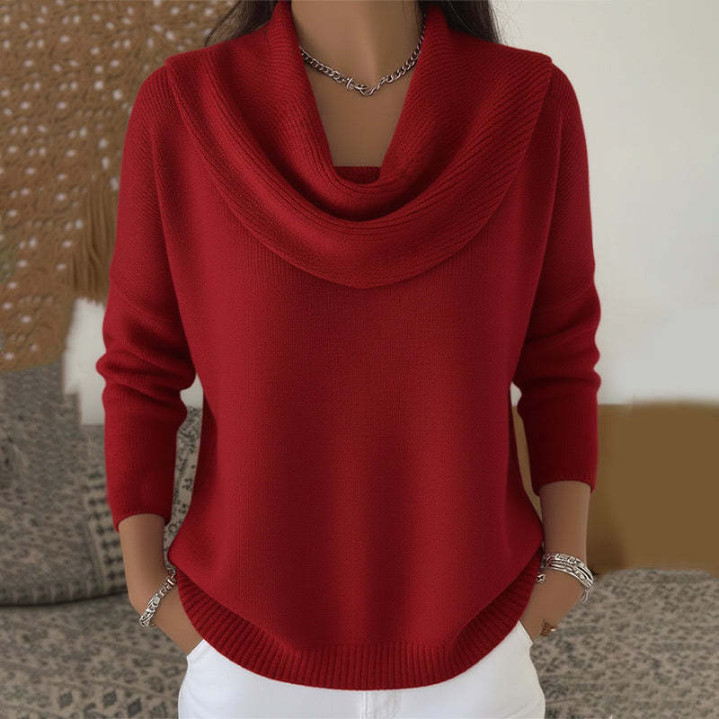 Cowl Neck Long Sleeve Curved Hem Knit Sweater