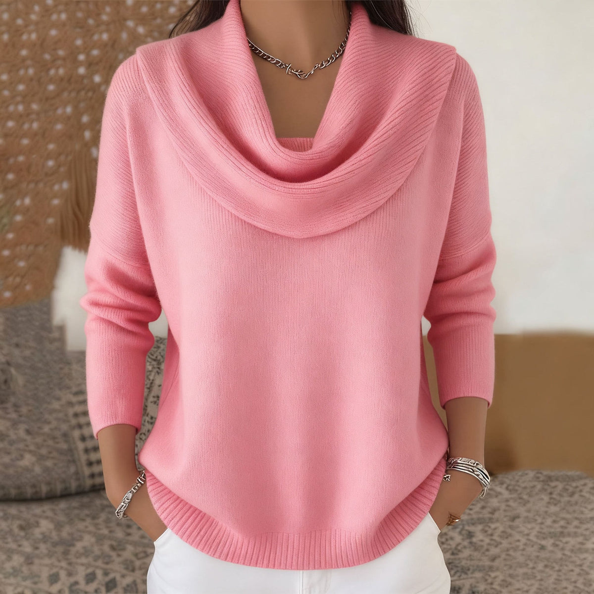 Cowl Neck Long Sleeve Curved Hem Knit Sweater