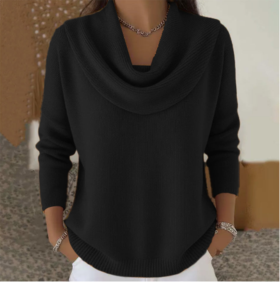 Cowl Neck Long Sleeve Curved Hem Knit Sweater