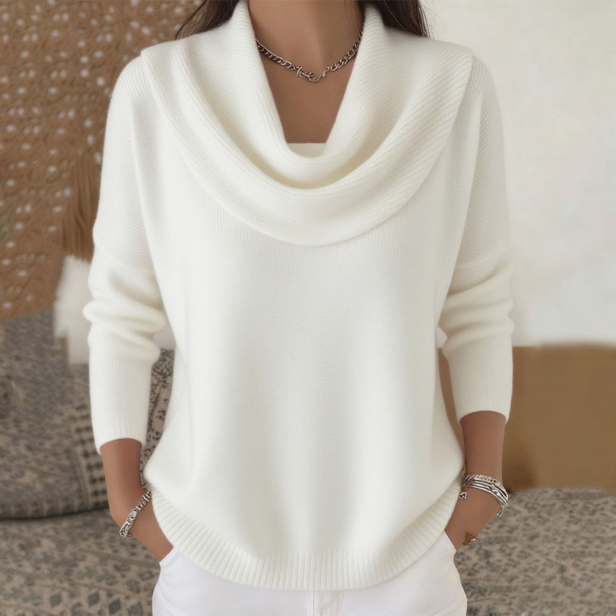 Cowl Neck Long Sleeve Curved Hem Knit Sweater
