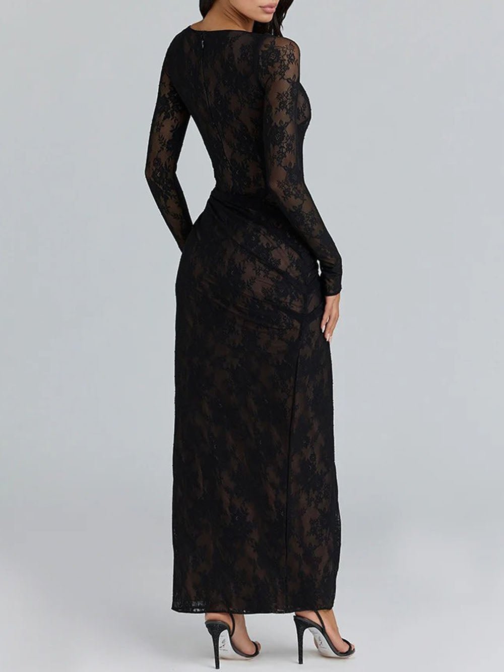 Sheer Floral Lace Long Sleeve Ruched High Split Maxi Dress 2