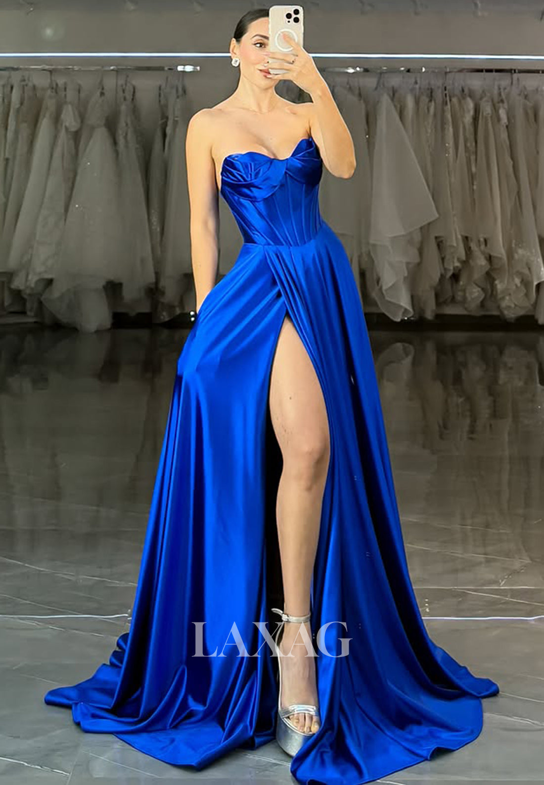 A-Line Sweetheart Off-Shoulder Sleeveless Prom Dress Pleated Satin High Slit Formal Gowns