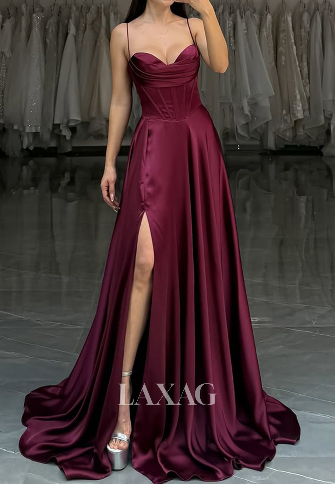 Spaghetti Straps Sweetheart A-Line Prom Dress Sleeveless Pleated Satin Formal Gowns with Slit