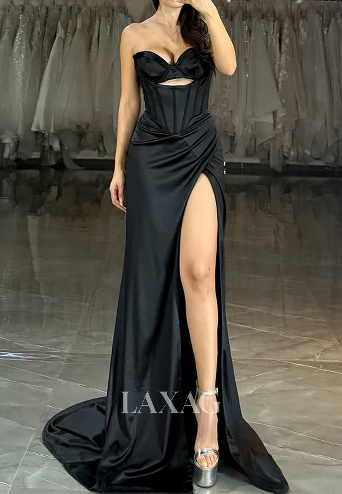 Sweetheart Off-Shoulder Sleeveless Meramid Prom Dress Pleated Cutout High Slit Satin Formal Gowns