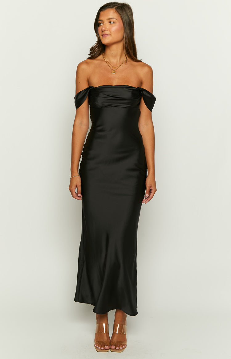 Satin Off Shoulder Draped Sleeve Bodycon Maxi Gown 2