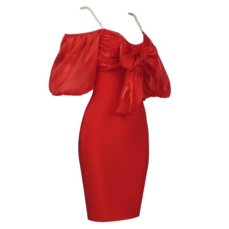 Elliana Cold Shoulder Puff Sleeve Bow-tie Decor Solid Dress