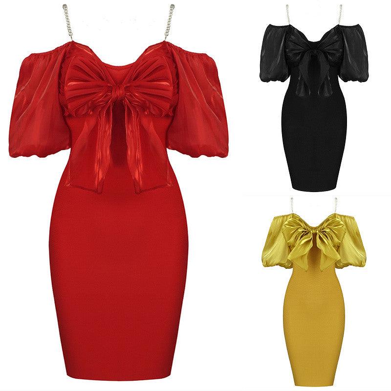 Elliana Cold Shoulder Puff Sleeve Bow-tie Decor Solid Dress