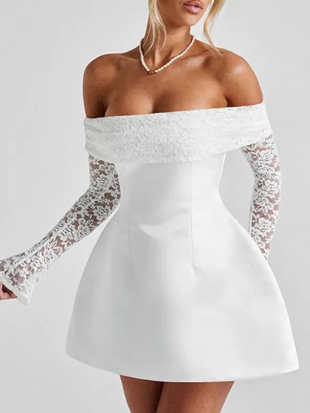 Off Shoulder Sheer Lace Flare Sleeve Structured Satin Mini Dress 4