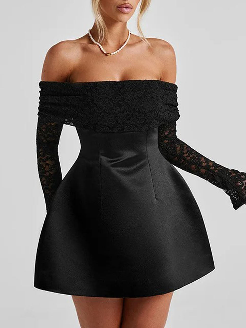 Off Shoulder Lace Long Sleeve Satin Skirt Fit and Flare Mini Dress