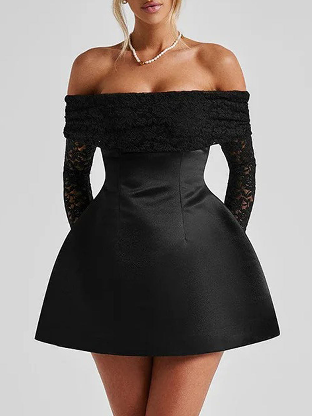 Off Shoulder Lace Long Sleeve Satin Skirt Fit and Flare Mini Dress 2