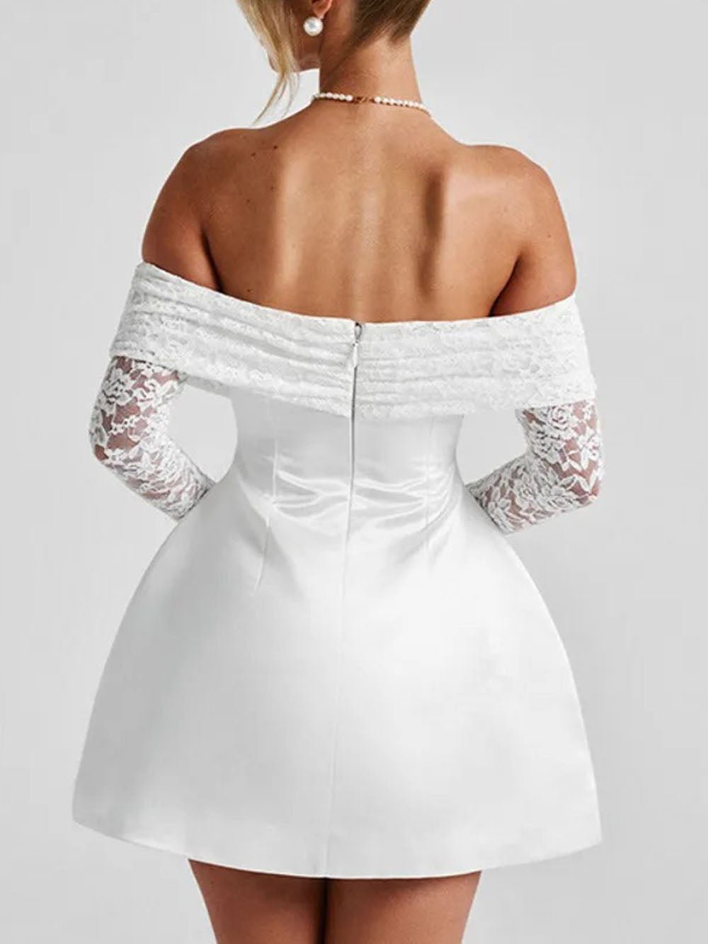 Off Shoulder Sheer Lace Flare Sleeve Structured Satin Mini Dress 2