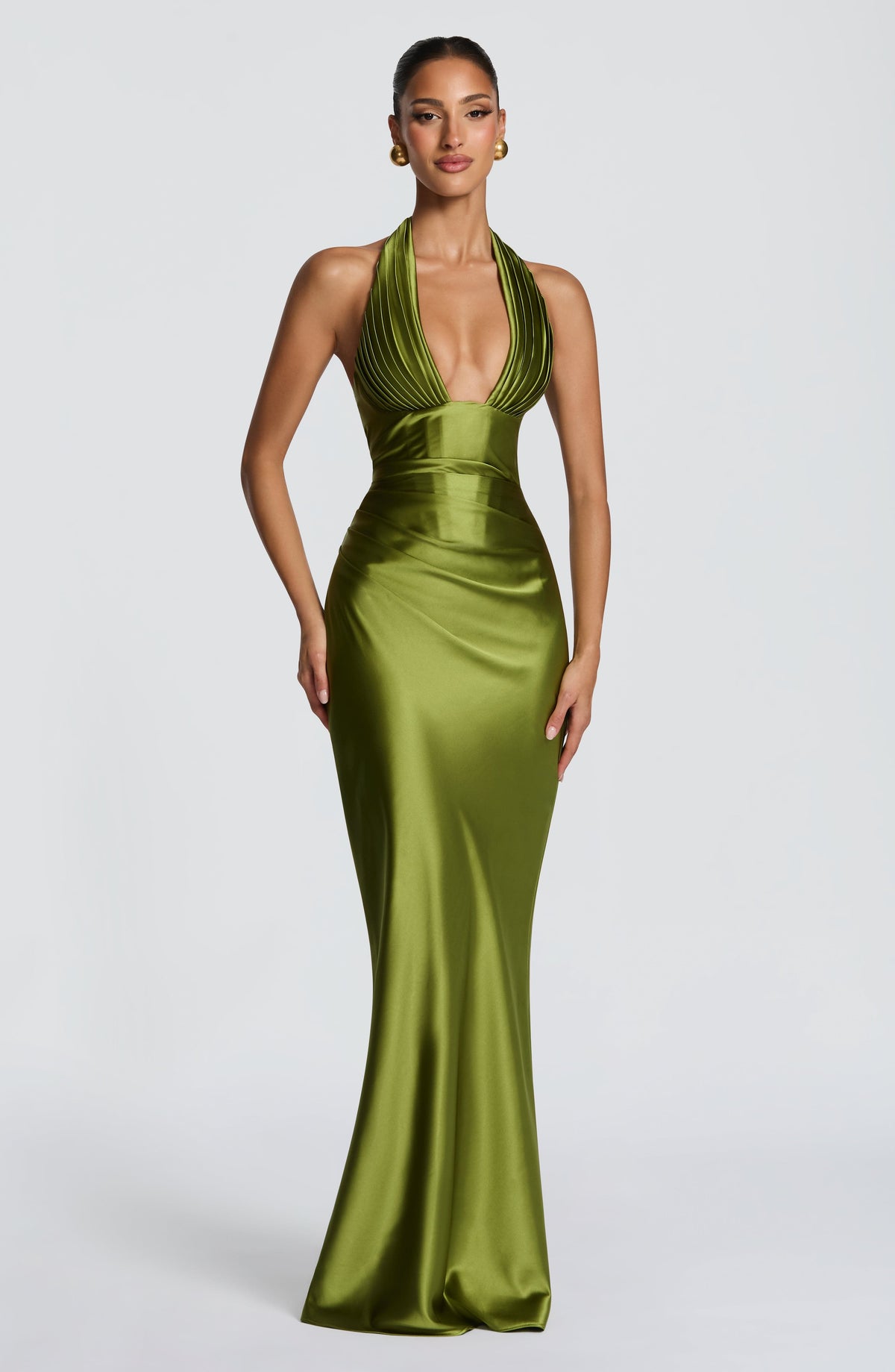 Satin Plunging Halter Neck Pleated Bust Mermaid Maxi Gown 5