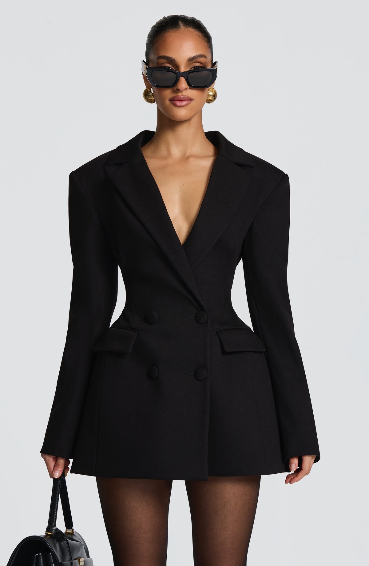 Double Breasted Plunge Neck Choker Collar Long Sleeve Blazer Mini Dress 10