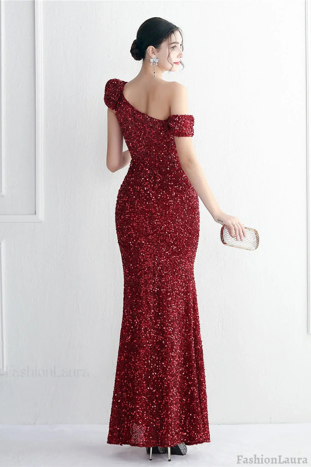Embellished One Shoulder Mermaid Formal Dress S / Red