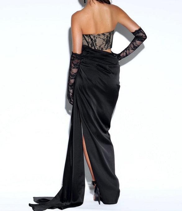 Ember Black Lace Satin Corset High Slit Gown