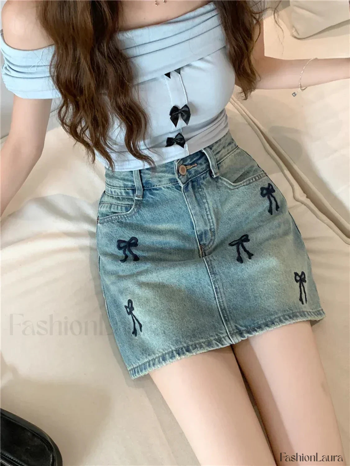 Embroidered Bow Korean Style Mini Skirt