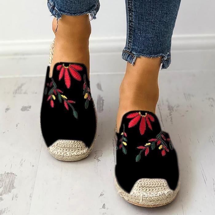 Embroidered Espadrille Flat Slippers