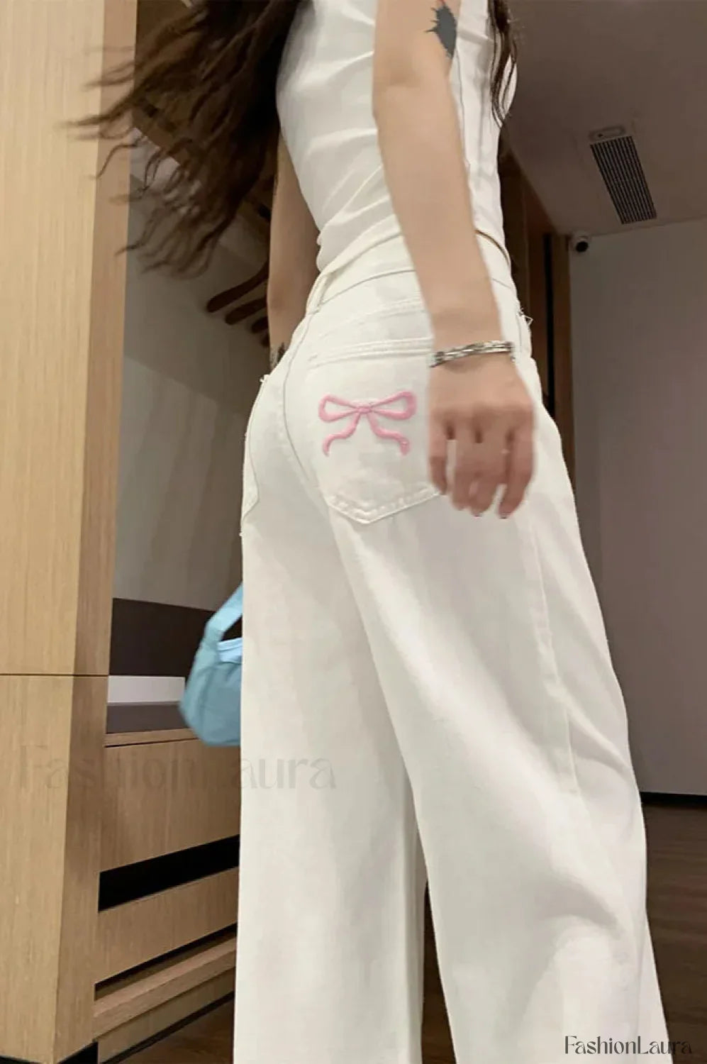 Embroidered Pink Bow Wide Leg Jeans