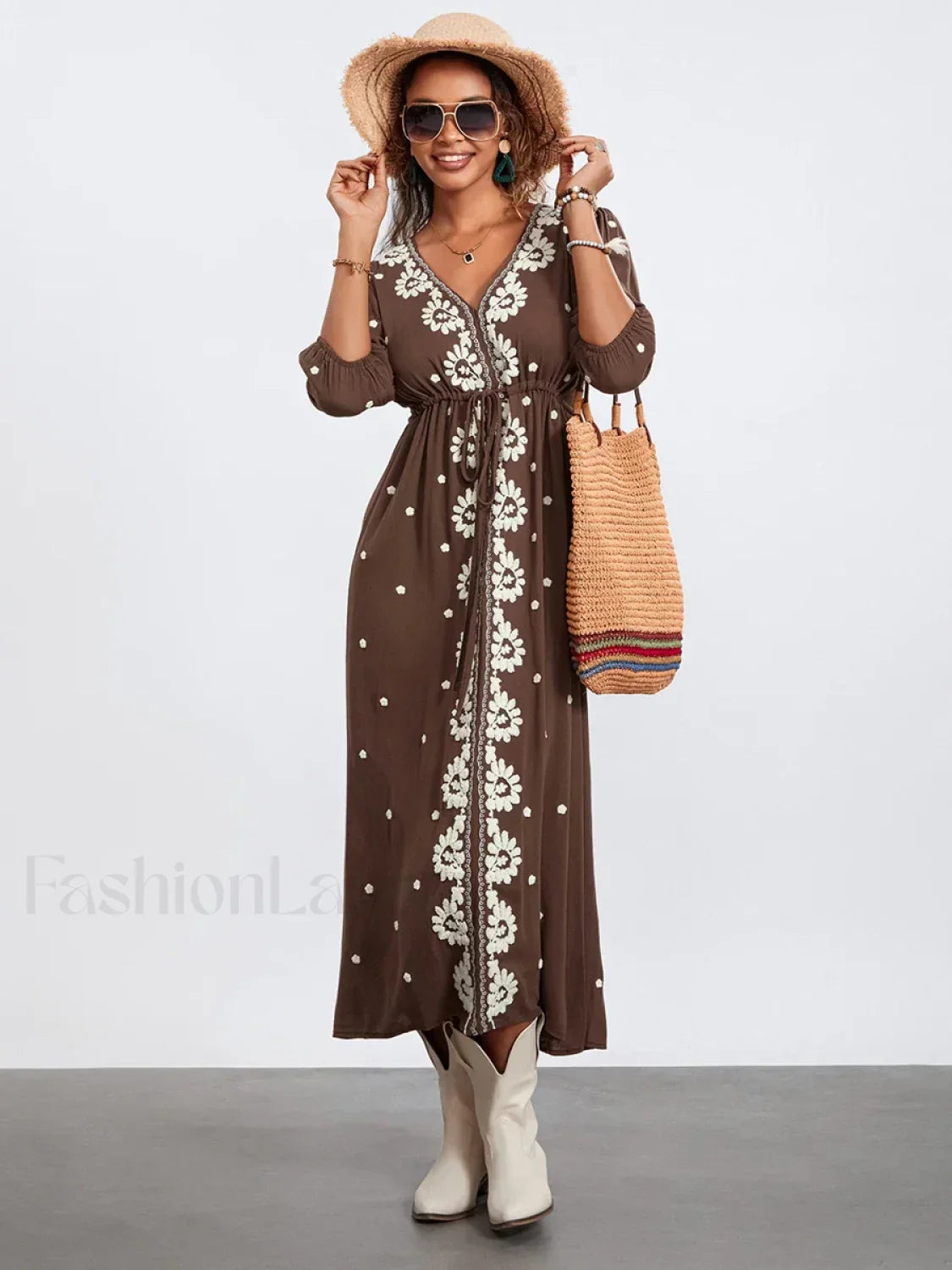 Embroidered Tie-Waist Boho Dress