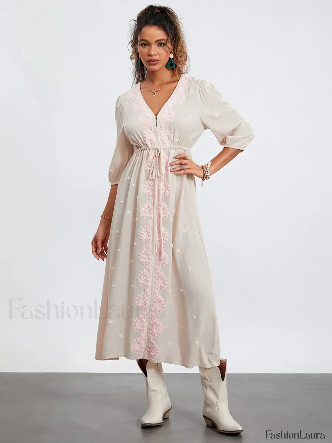 Embroidered Tie-Waist Boho Dress