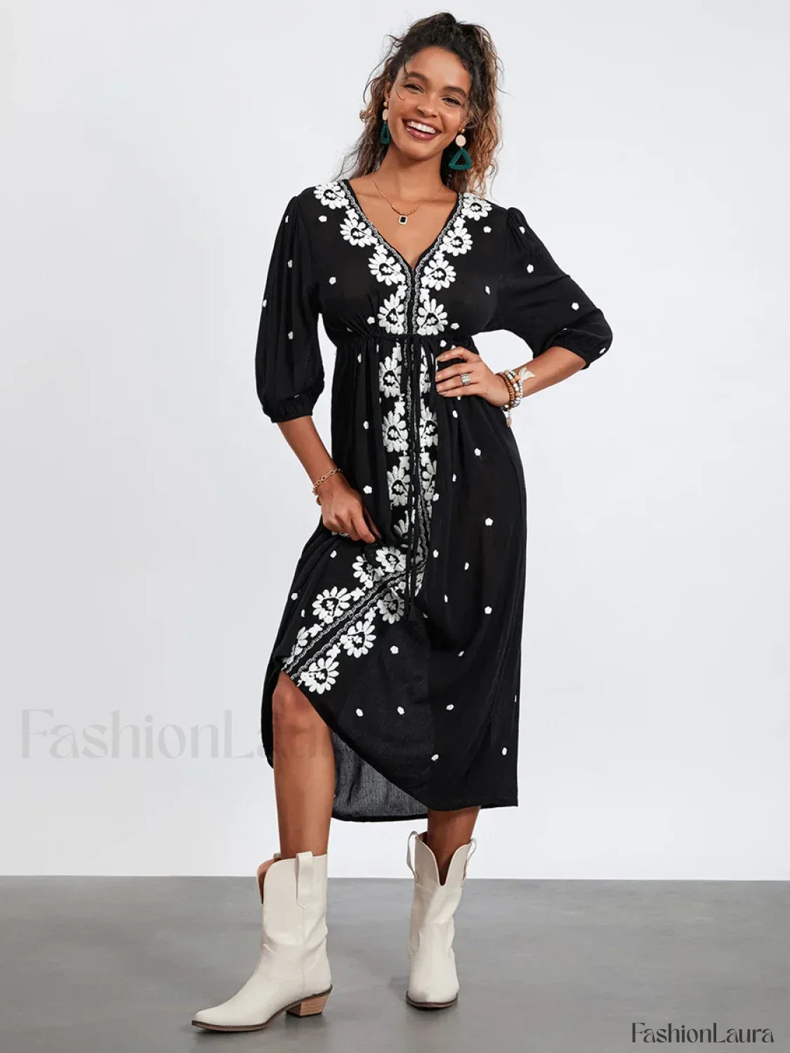 Embroidered Tie-Waist Boho Dress