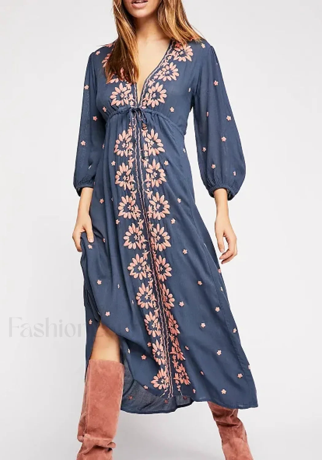 Embroidered Tie-Waist Boho Dress