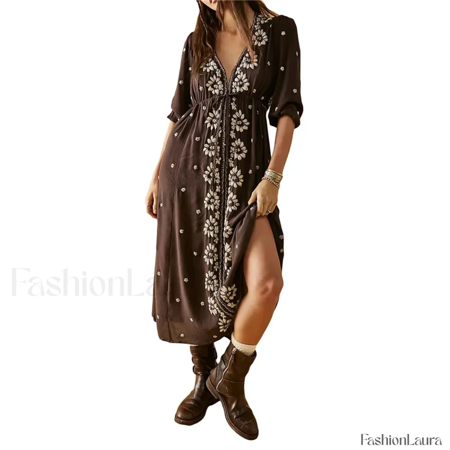Embroidered Tie-Waist Boho Dress