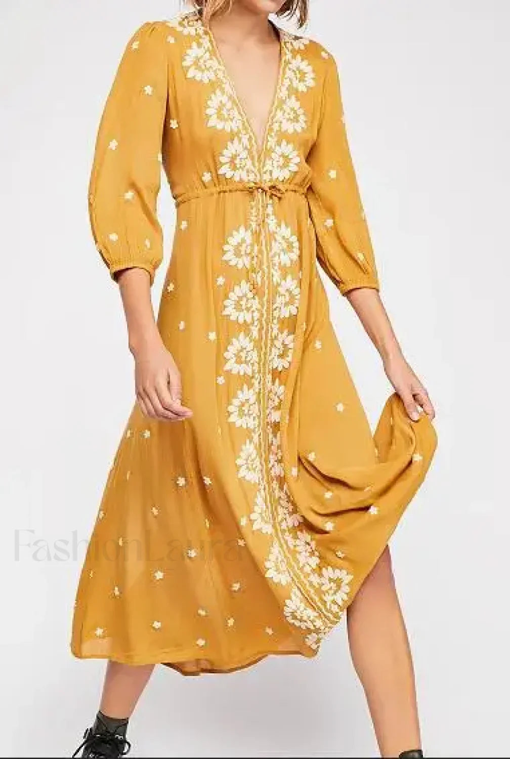 Embroidered Tie-Waist Boho Dress