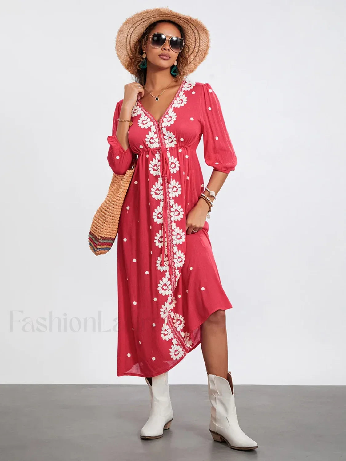 Embroidered Tie-Waist Boho Dress