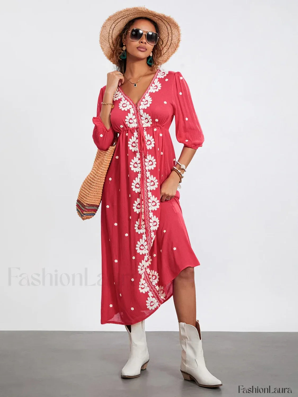 Embroidered Tie-Waist Boho Dress