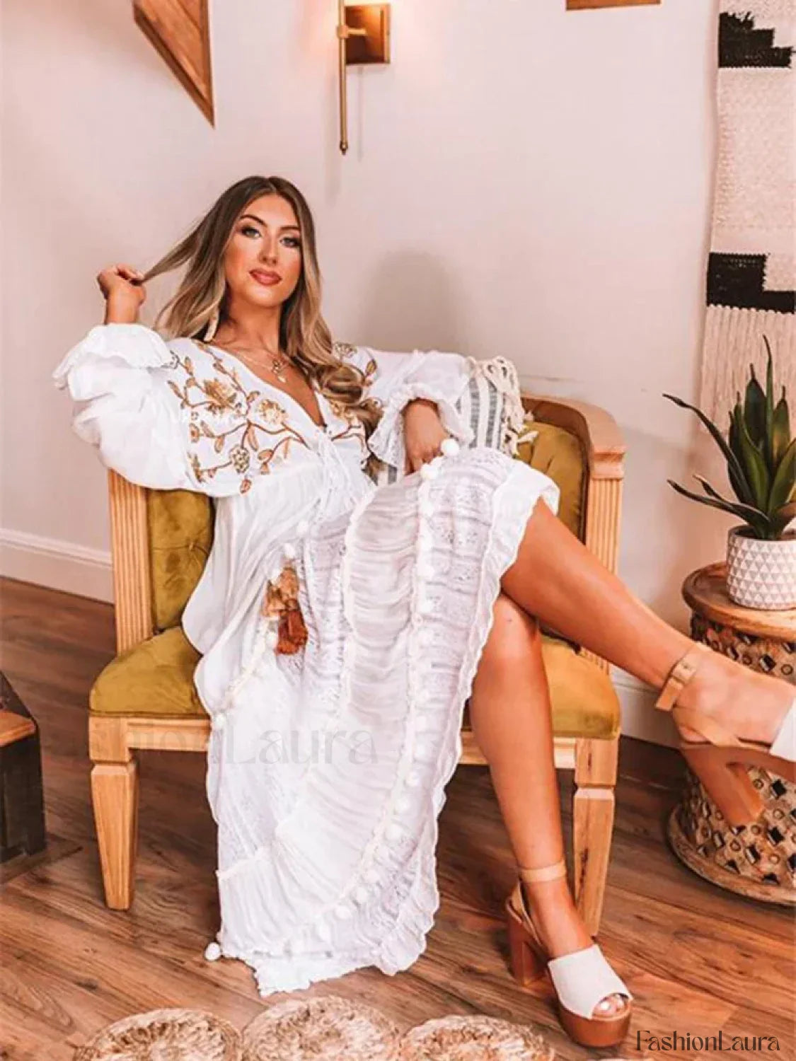 Embroidered V-Neck Long Boho Dress