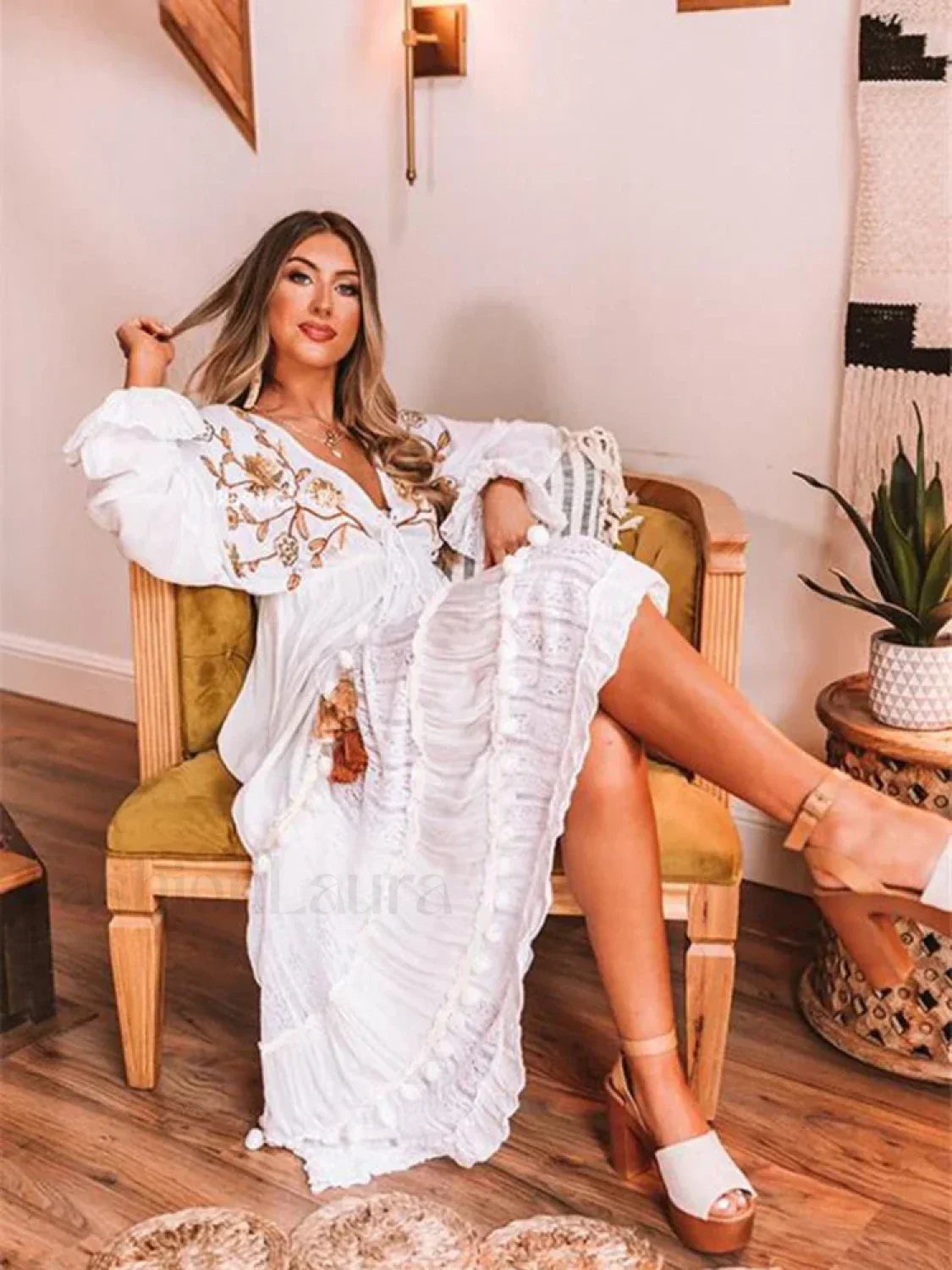 Embroidered V-Neck Long Boho Dress