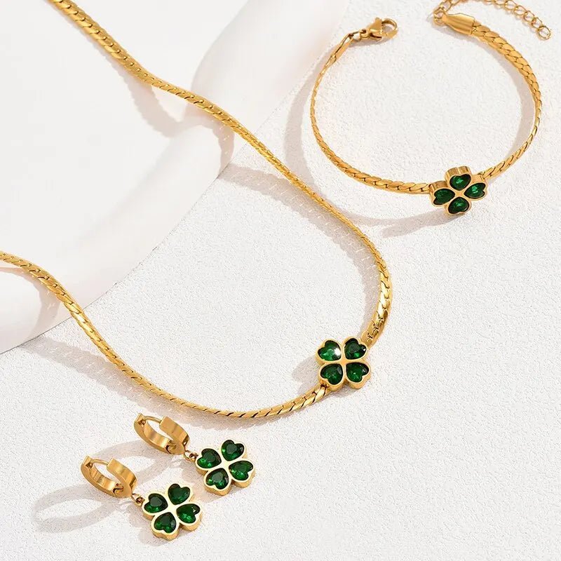 Four Leaf Clover Necklace Bracelet and Earrings Jewelry Set