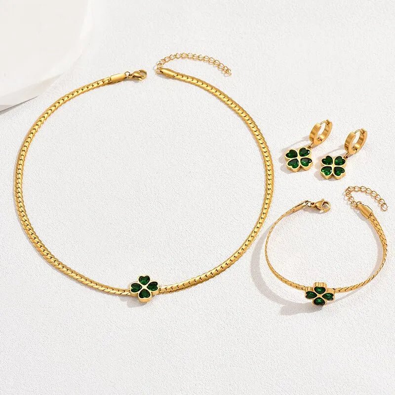 Four Leaf Clover Necklace Bracelet and Earrings Jewelry Set