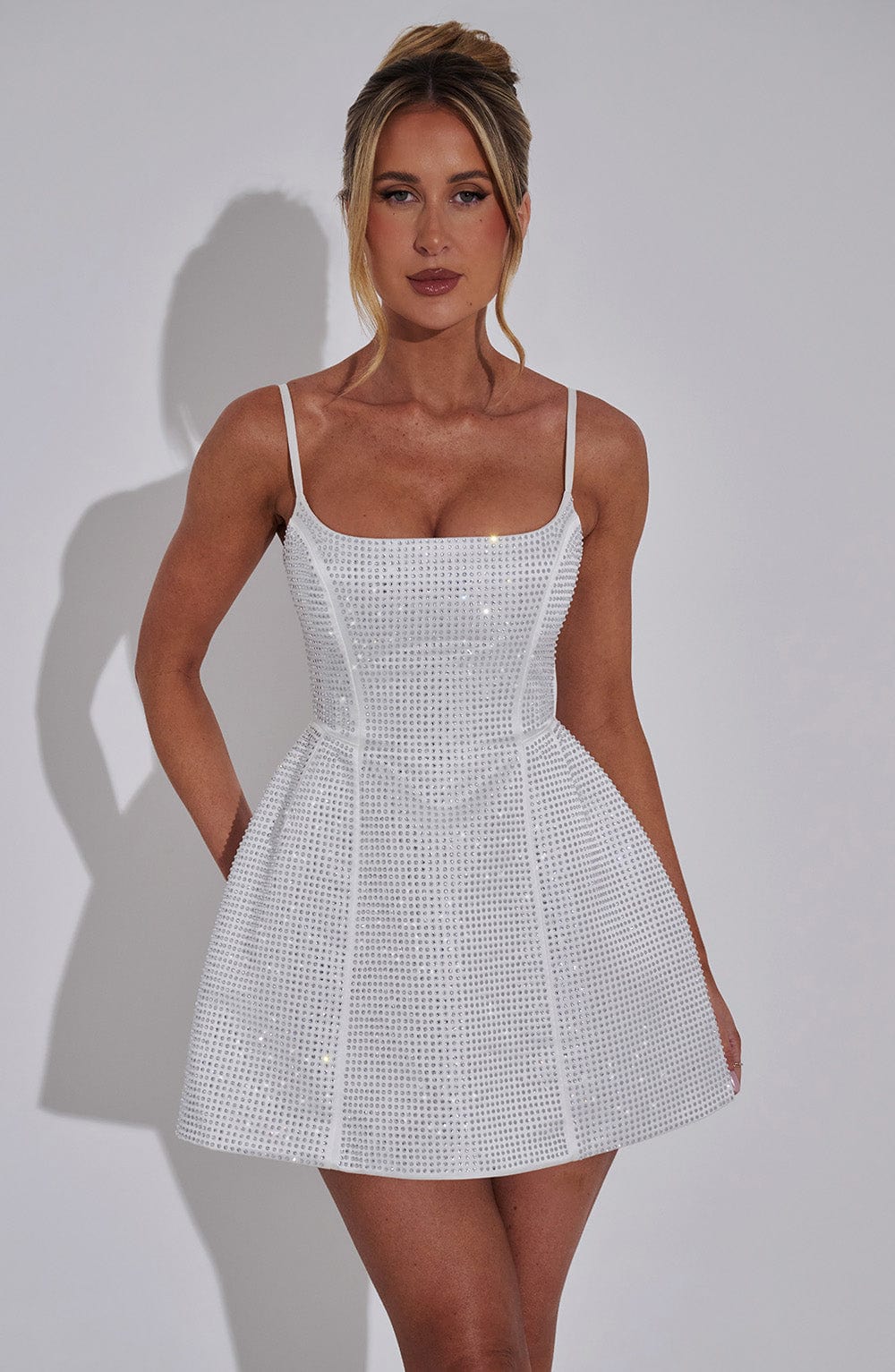 Rhinestone Embellished Square Neck Spaghetti Strap Flared Mini Dress 7