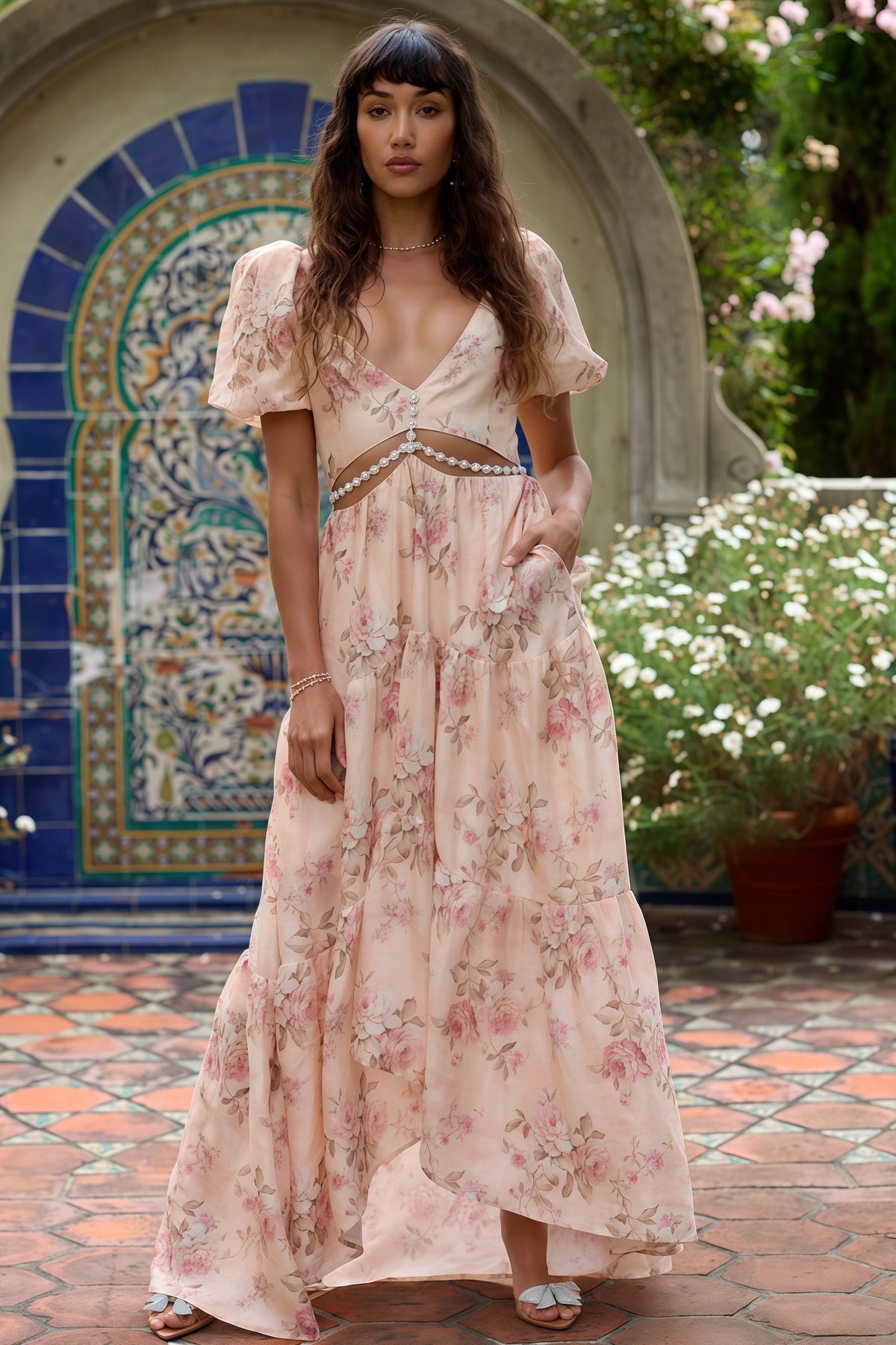 Floral Print V-Neck Puff Sleeve Cut Out Waist Tiered Maxi Dress