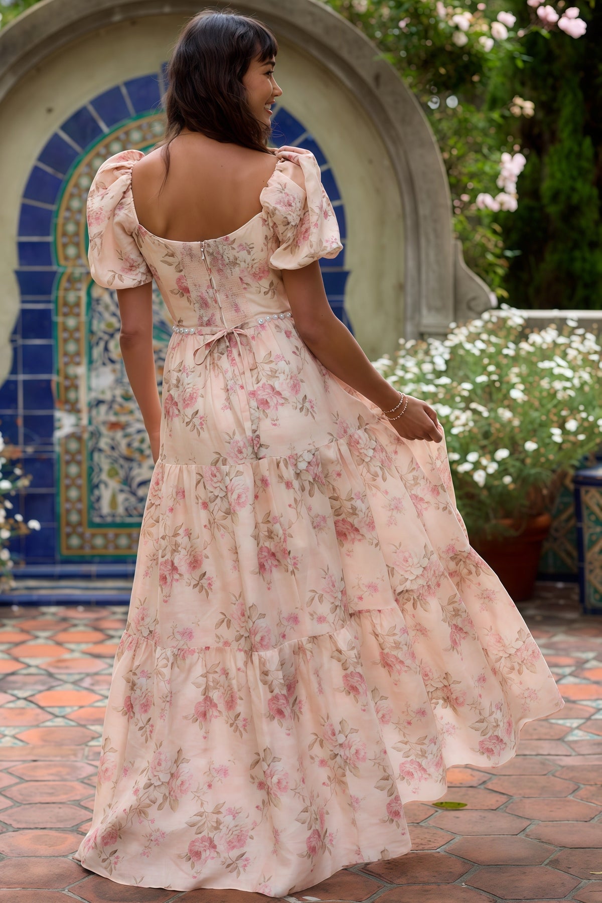 Floral Print V-Neck Puff Sleeve Cut Out Waist Tiered Maxi Dress