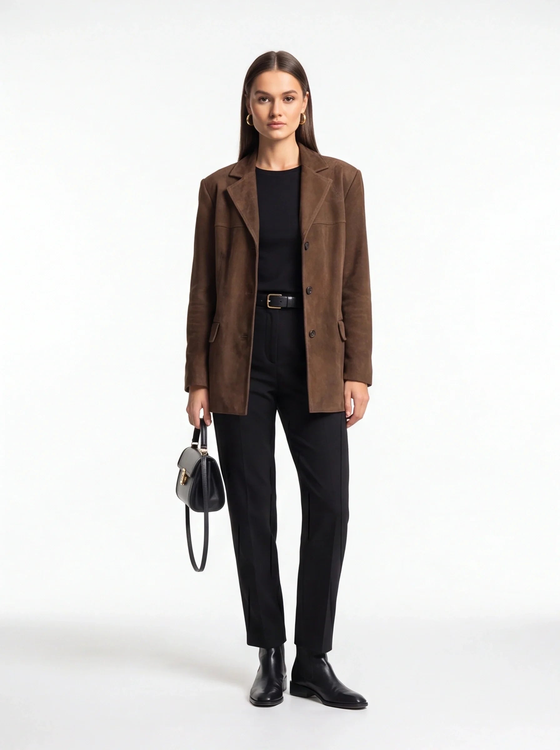 Elegant Brown Tailored Blazer with Padded Shoulders and Slim Fit
